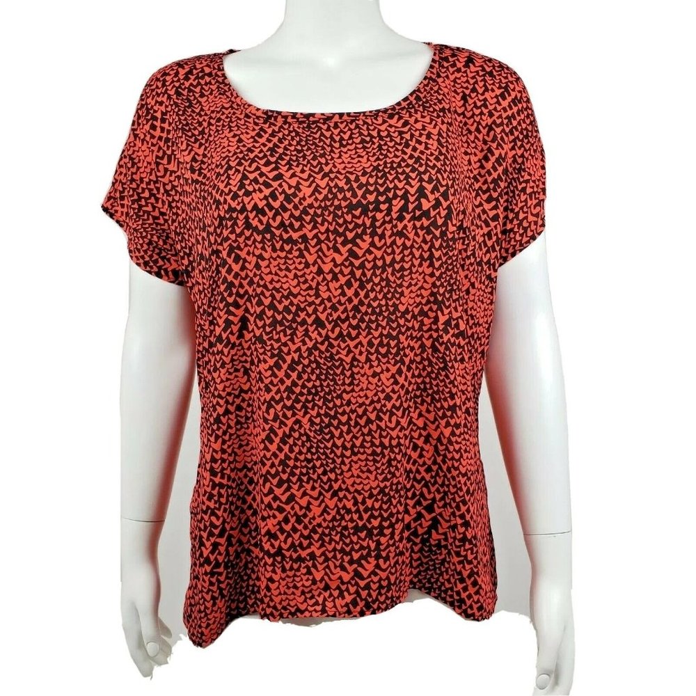 Pleione Top Blouse Womens Size S‎ Small Orange Black Sheer Cap Sleeve Pullover